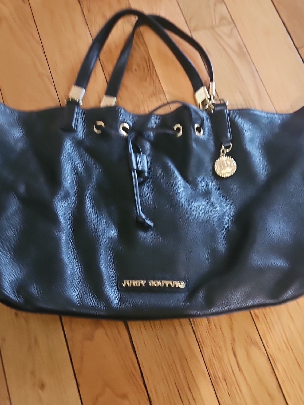 Juicy Couture Black Tote with Gold Hardware and Charm 100% Cow Hide Leather